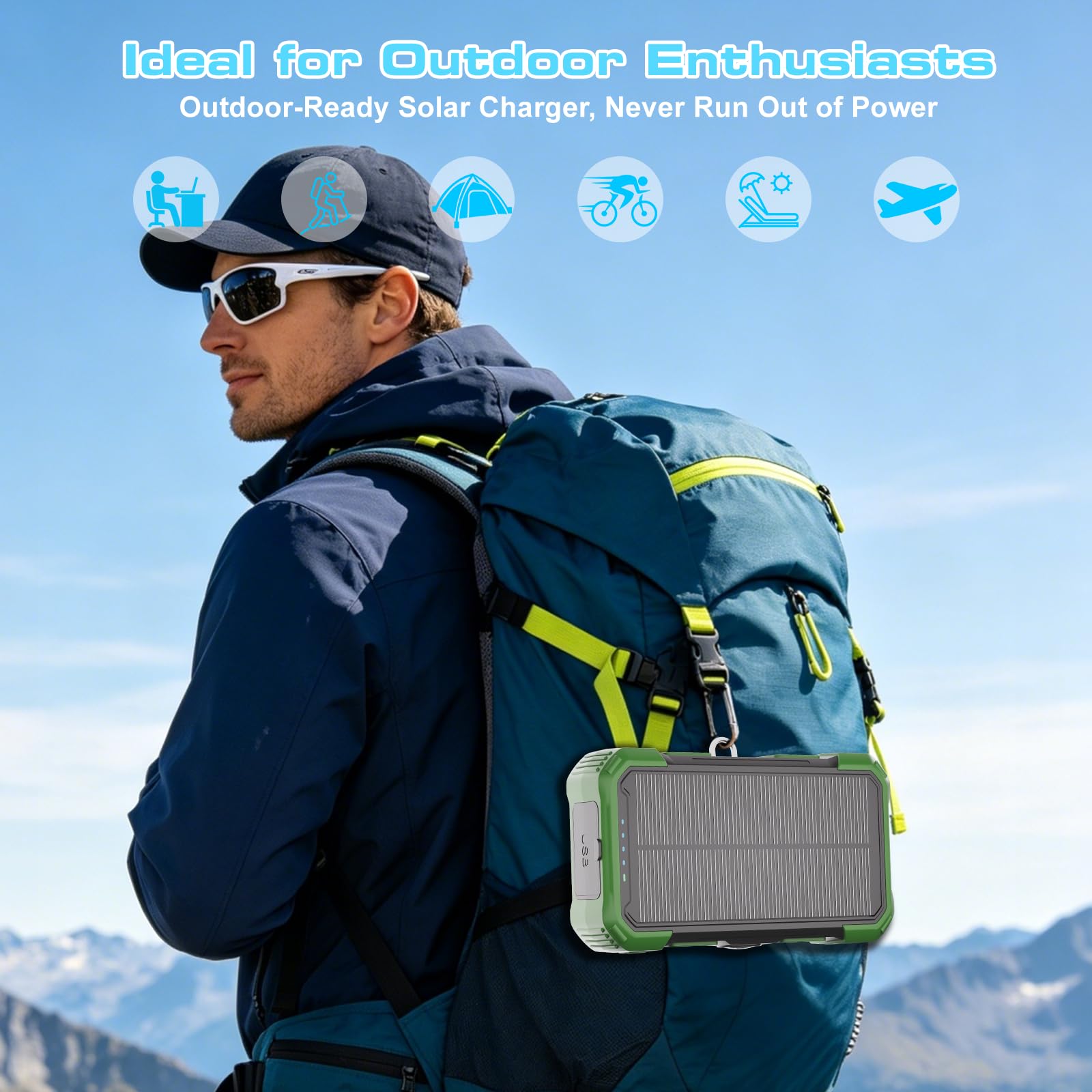 Chargeur solaire 20 000 mAh, chargeur portable sans fil avec câbles intégrés, chargeur de batterie à charge rapide USB-C, chargeur de téléphone extérieur avec double lampe de poche LED pour camping