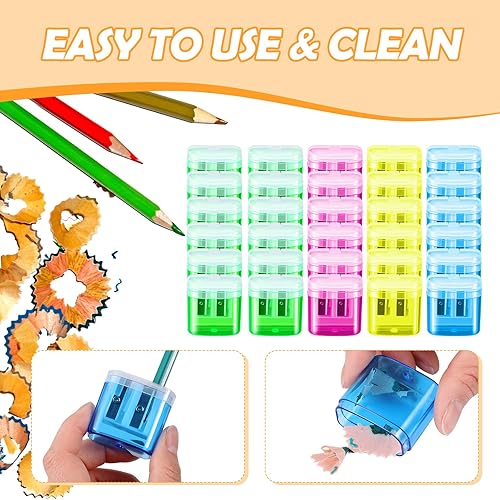 Miniatura 4 de Geosar Sacapuntas manuales a granel, pequeños sacapuntas de doble agujero, sacapuntas de mano con tapa para suministros de donación de oficina en el