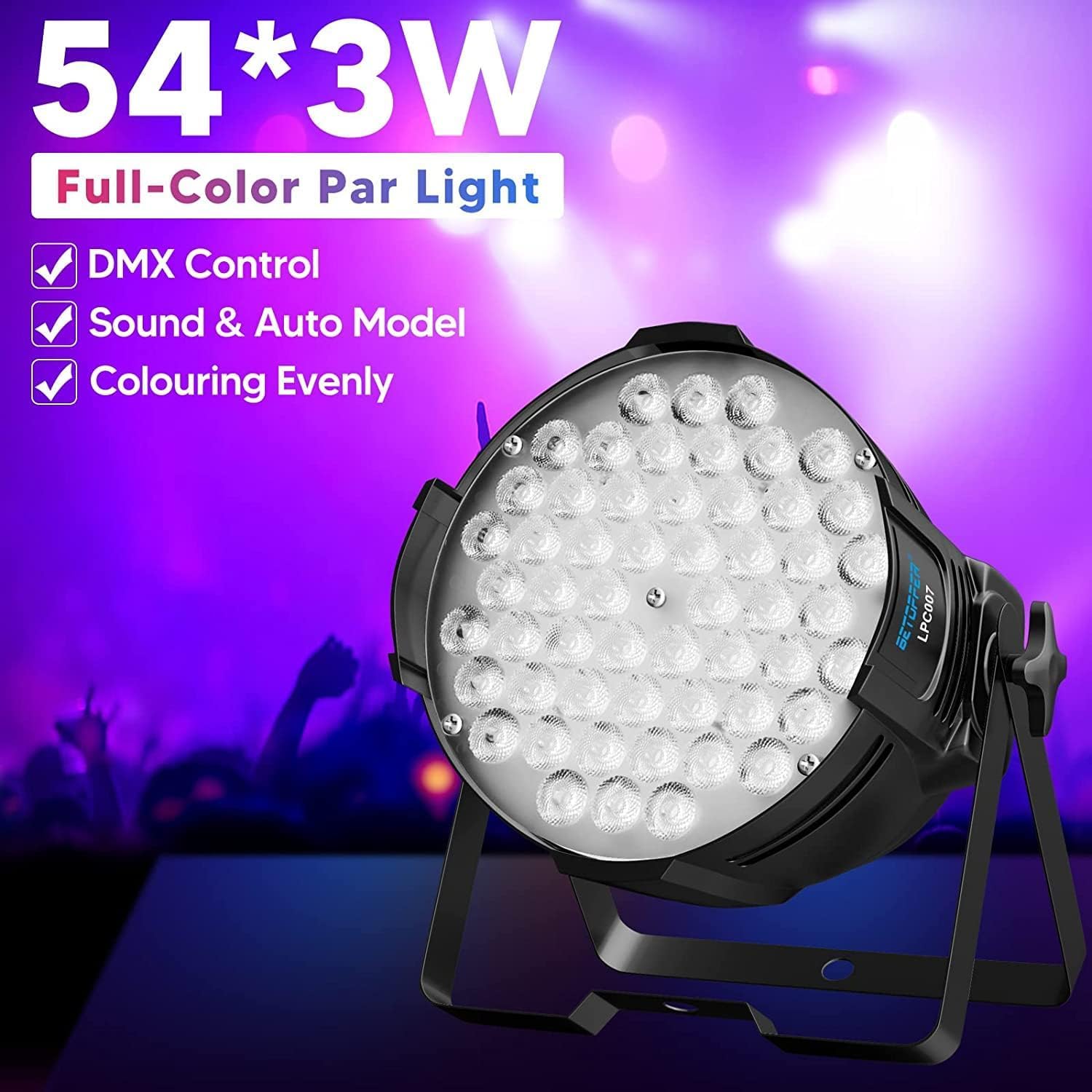 Betopper 180W Par Led RGB Lumière Soirée Dj Strobe Lumière de Scène 4P | 54x3W Projecteur de Scene DMX512 Pofessionnel Lumière Stroboscope pour Fête De la musique Halloween Noël Bar Club LPC007 1P