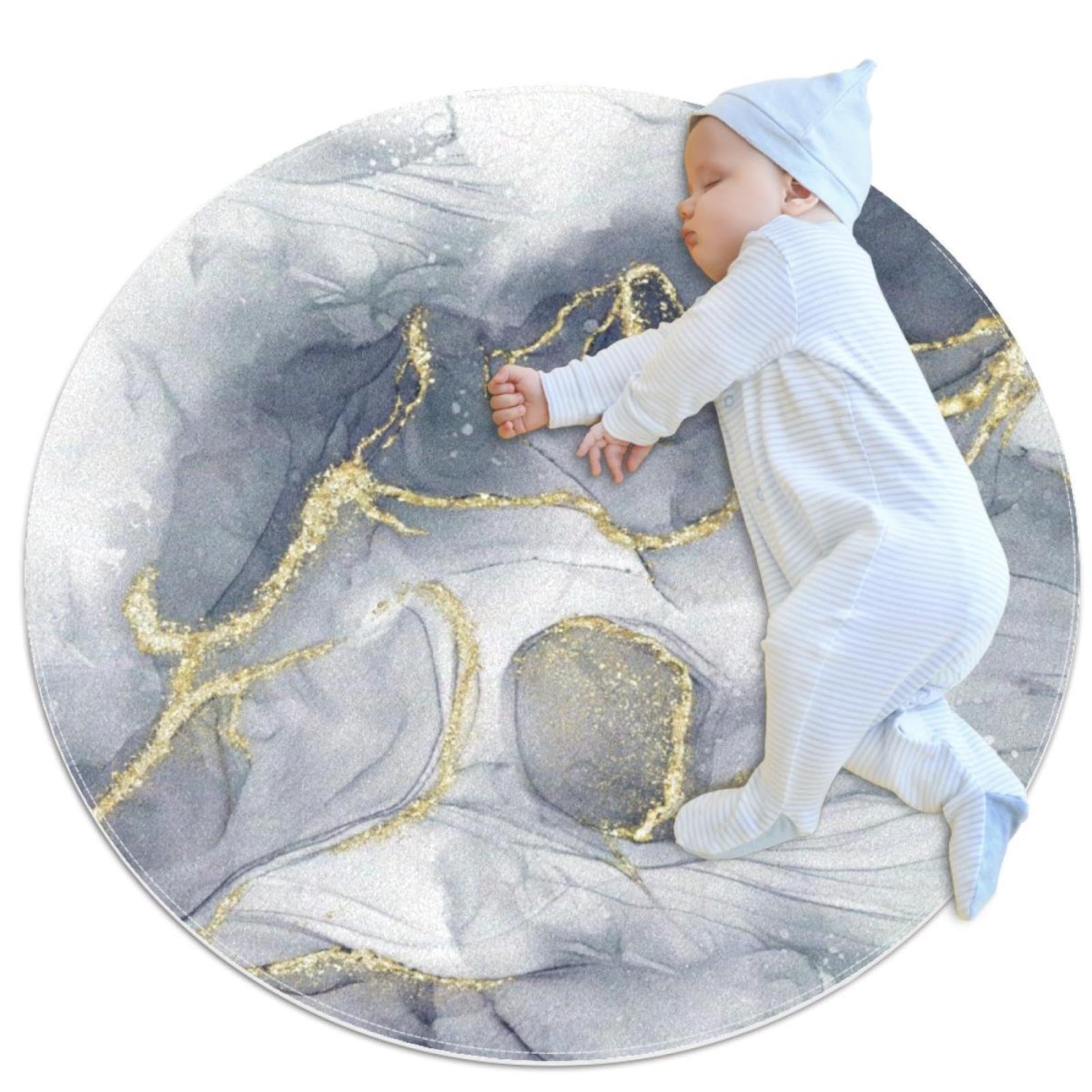 Tapis de salle de bain marbre gris doré et camomille | Tapis rond de chambre enfant 1m