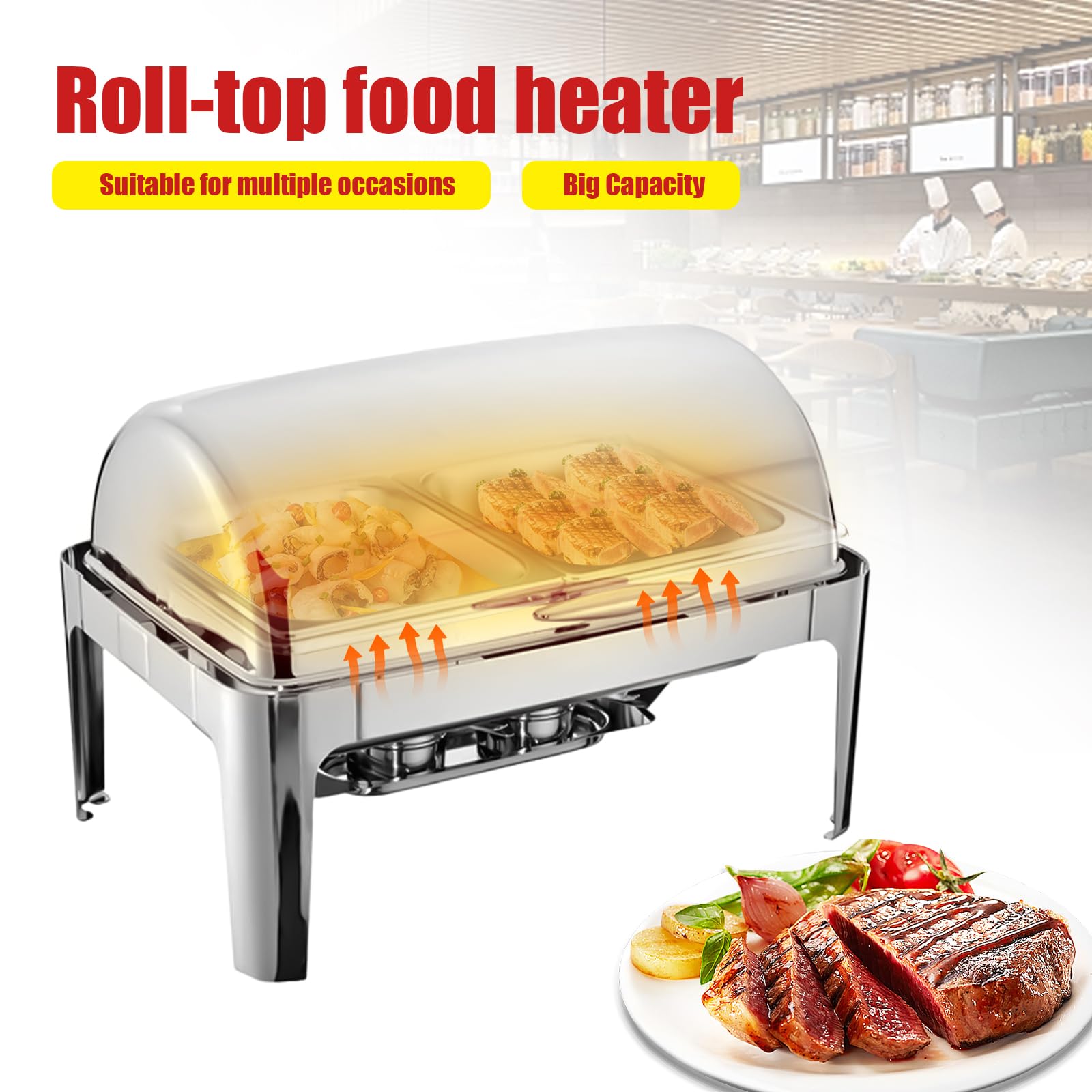 Chafing Dish - Set da 18 l, in acciaio inox, con coperchio a 90° o 180° per catering, buffet e feste
