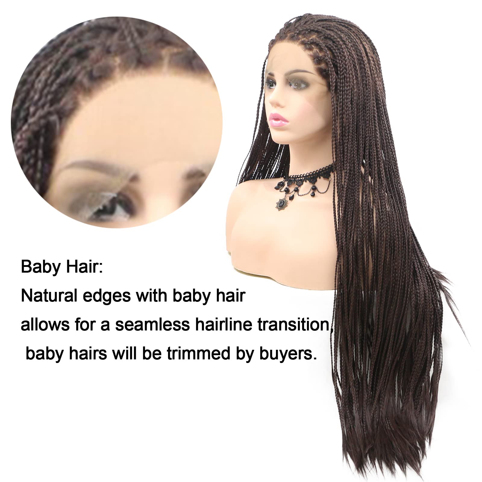 Box Braided Wigs for Black Women Brown Long Straight Synthetic Natural Looking Knotless Cornrow Braids Wig Lightweight Braiding Hair Realistic Hand Braided Synthetic Lace Front Wigs 26 Inch - Image 4