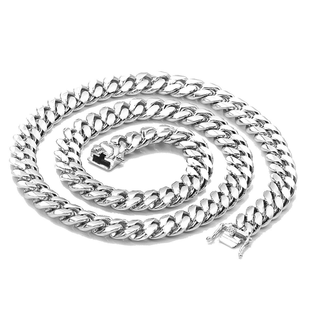 Dubai Collections White Gold Cuban Link Chain Necklace for Men Real 14MM 14K Karat Diamond Cut Heavy w Solid Thick Plated Clasp US Made