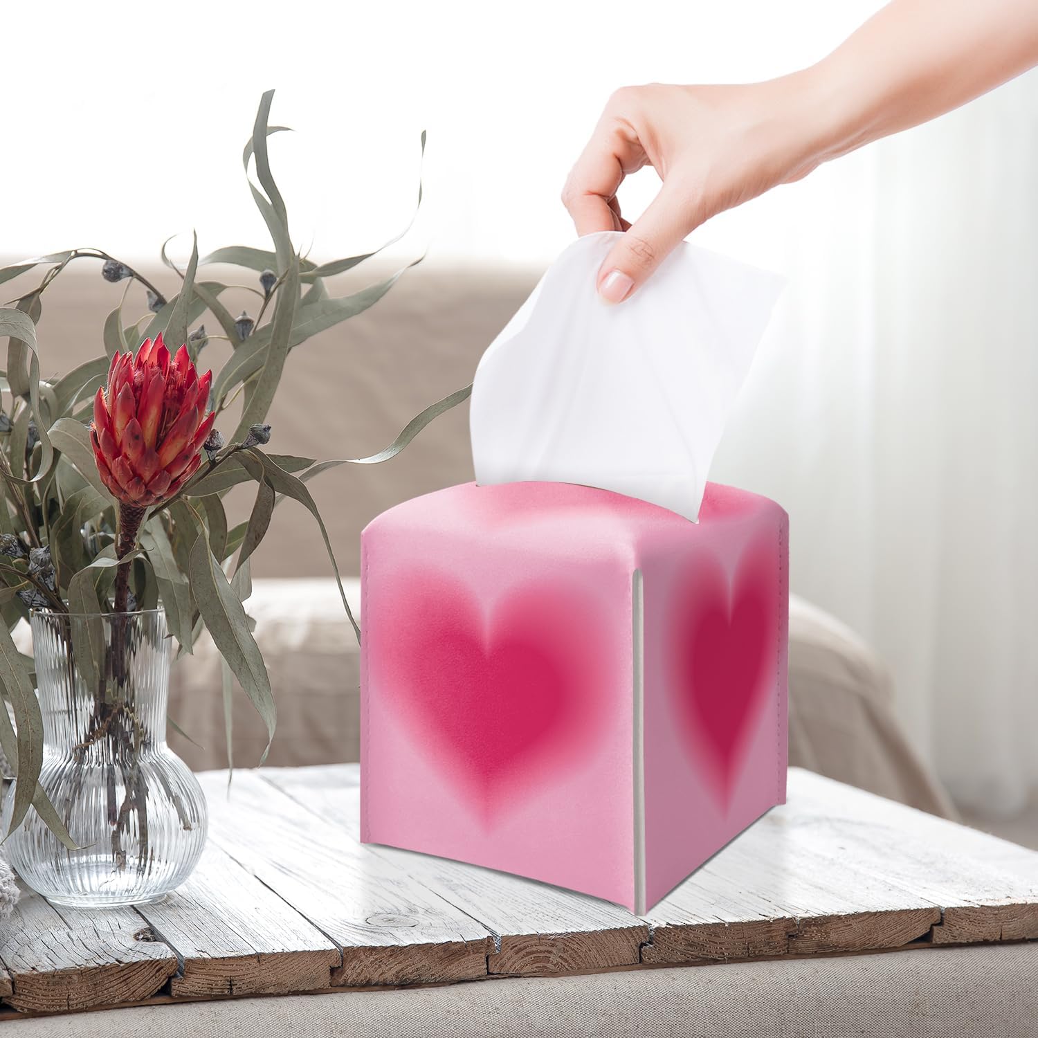 Pink Love Heart Tissue Box Cover Square Cute Leather Tissue Case Holder Valentine's Day Decor for Tabletop Kitchen Car Bathroom Bedroom Office Gifts for Women Waterproof Facial Paper Organizer - DH770