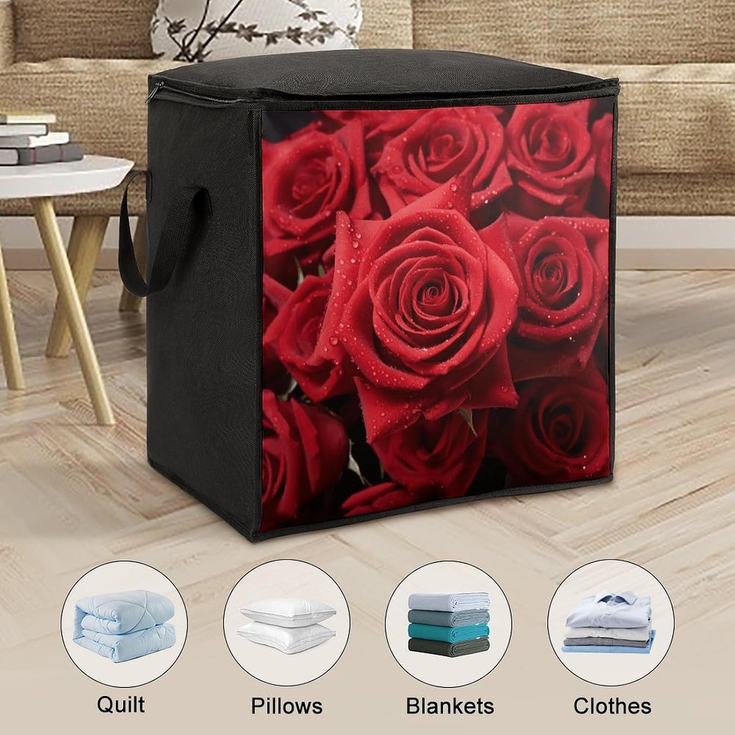 Red Rose4 Storage Bag with Zippers And Handle Extra Large Bedding Comforter Storage Bag Foldable Blanket Storage Bags Fabric Moving Bags for Closet Organizer (70L)