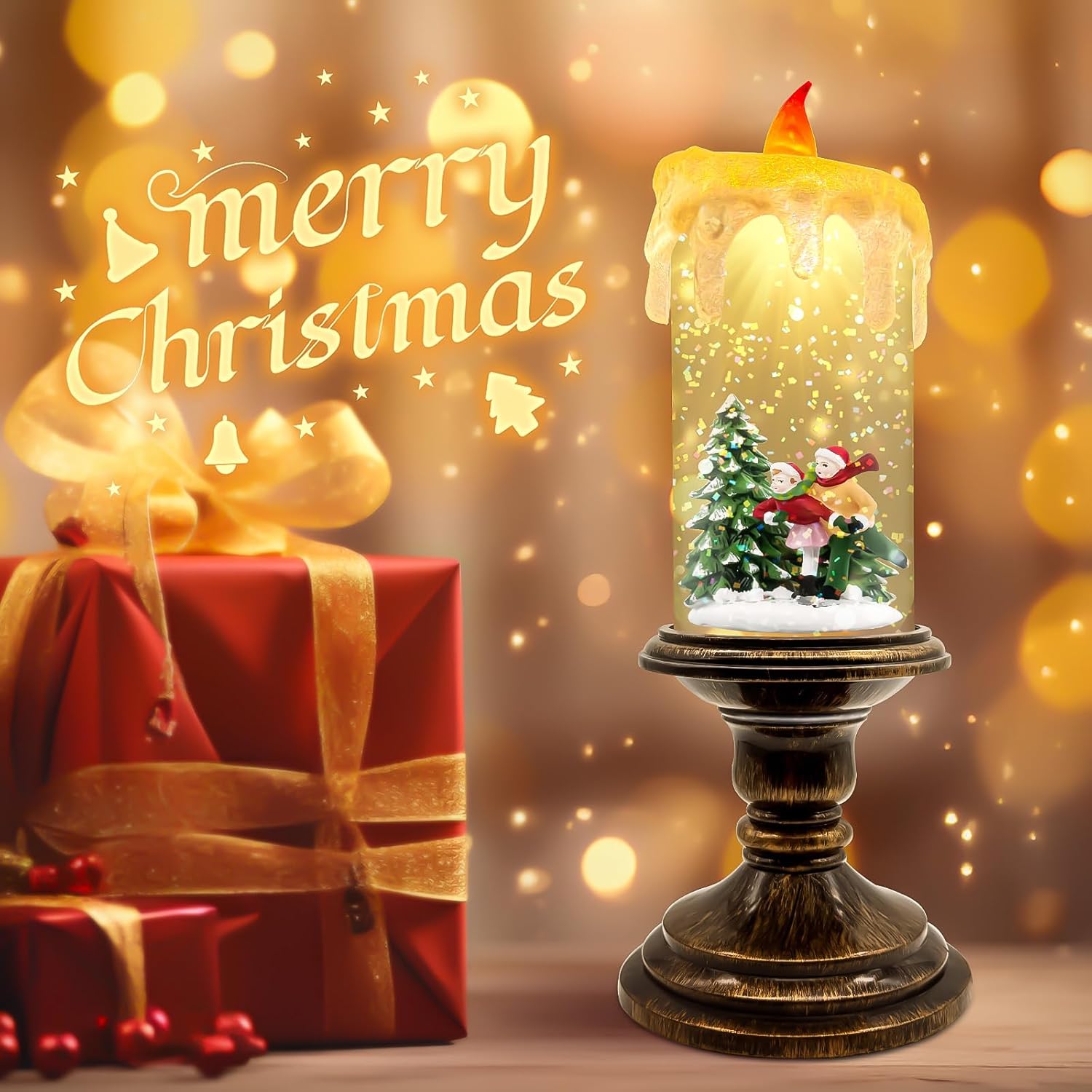 Christmas Snow Globe Candle Lantern with Timer, Rotating Glitter Water, Flameless LED Candle, Battery Operated (3×AA), Vintage-Style Holiday Decoration for Tabletop & Mantel