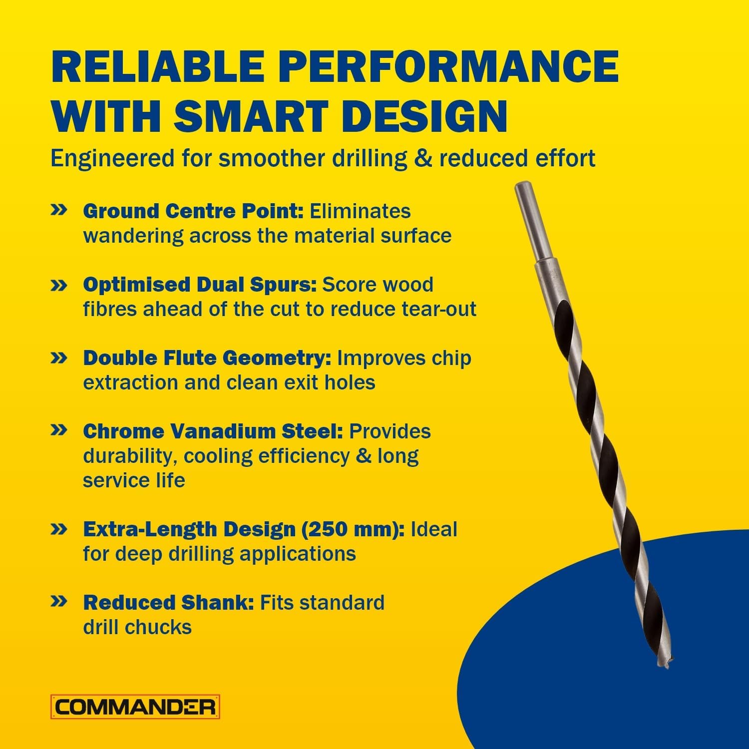 FISCH Premium Brad Point Drill Bits 1/2" x 250mm(10") for Fast Cutting in Soft, Hard, Veneered and Laminated Wood, MDF and Acrylic Glass Beveled Edge for Fast, Easy Cutting - FSF-328599 - Austria