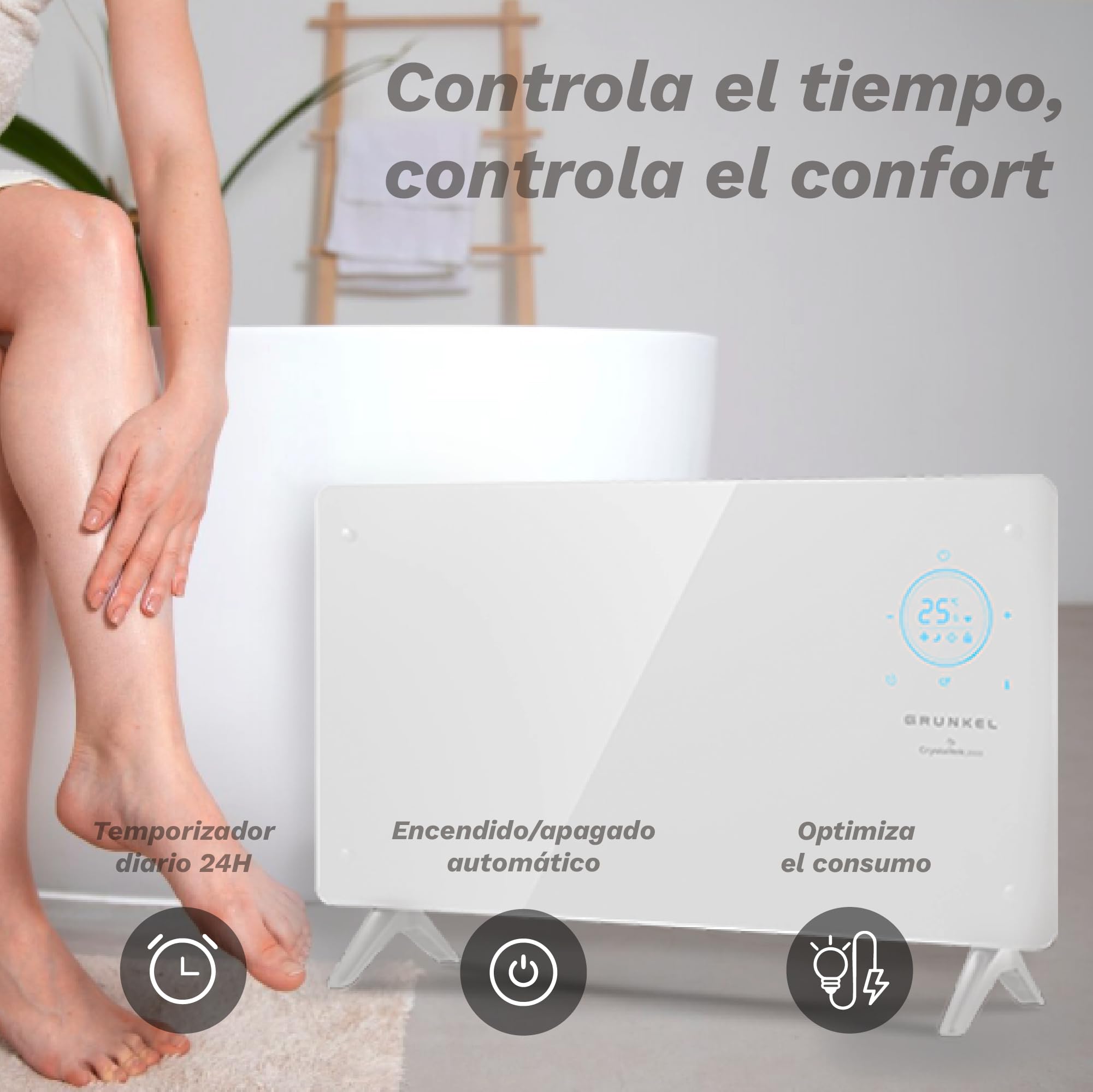 GRUNKEL - Thermo-Sender GP-2000CT 2000 W | Digitales Panel mit WLAN | 3 Leistungsstufen | 24-Stunden-Programmierung | regelbares Thermostat | mobile App | Glasscheibe | Kindersicherung