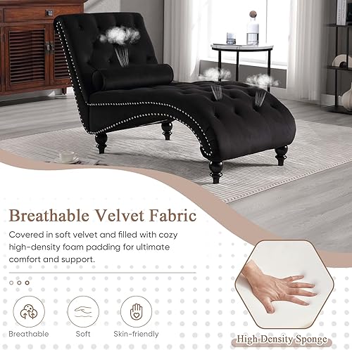Miniatura 6 de Tumbona para interiores, moderna silla decorativa de terciopelo con botones copetudos con patas de madera maciza y almohada lumbar, sofá reclinable