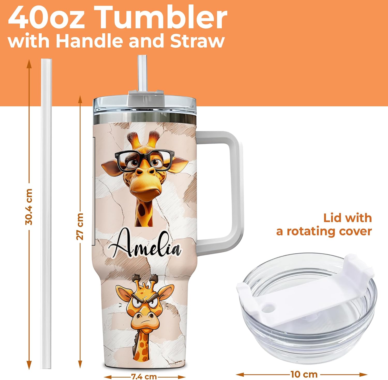 Hyturtle Personalized Funny Giraffe 40oz Tumbler with Handle & Straw Gifts for Women, Mother's Day Birthday Gifts for Lovers, Sarcastic Giraffe Gift, Custom Name Stainless Steel Travel Cup With Lid - Image 4