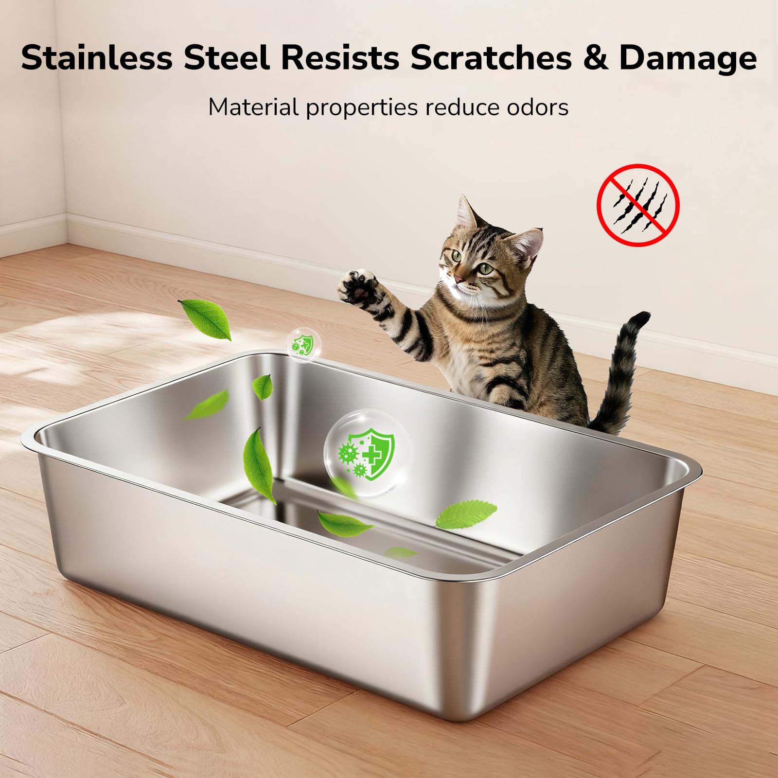 Zivacate Lettiera per Gatti in Acciaio Inox (XL, 60×40cm) – Cassetta con Ingresso Inclinato, Bordi Alti, Paletta, Pedana per Recupero Sabbia, Antiodore e Facile da Pulire, Grigia