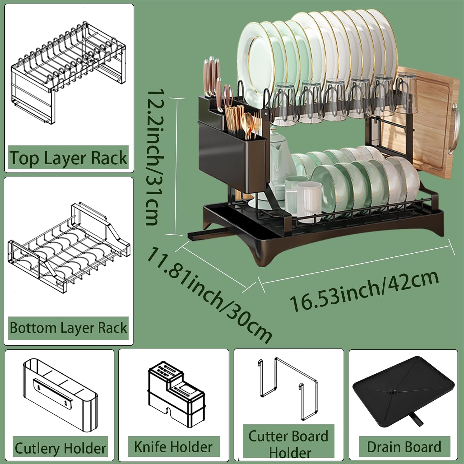 Dish Drying Rack, 2 Tier Dish Racks for Kitchen Counter, Detachable Dish Drainer Organizer with Utensil Holder, Drying Rack with Drain Board, Black, A Mat for Cutting Board