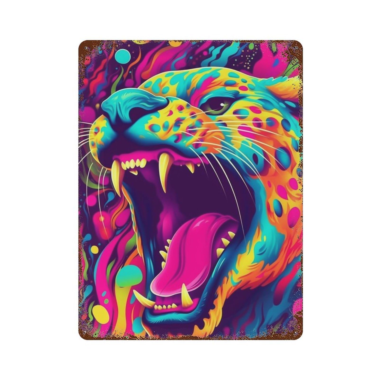 Rust Effect Colorful Roaring Jaguar Art Print Rustic Tin Plaque 15.7"x11.8", Industrial Home Decor for Bistro, Counter And Cafe Decor