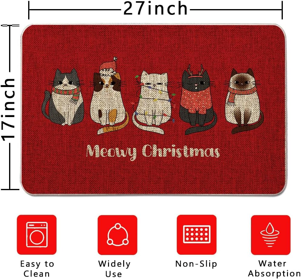 Christmas Door Mat Outdoor Rug Cat Red Decorative Doormats Farmhouse Home Kitchen Entrance Rug Floor Front Door Mats 17 x 27 Inch
