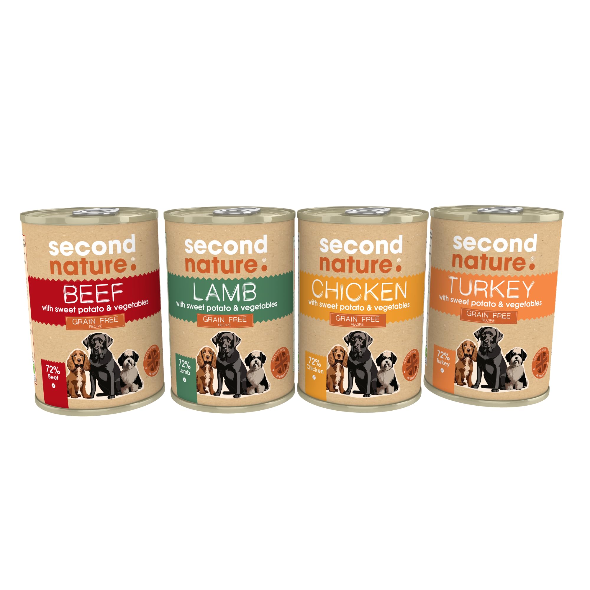 Second Nature Grain Free Wet Dog Food Tins - Variety Beef/Lamb/Chicken/Turkey - Natural, Grain Free Dog Food - Multipack 395g (Pack of 12 Cans)