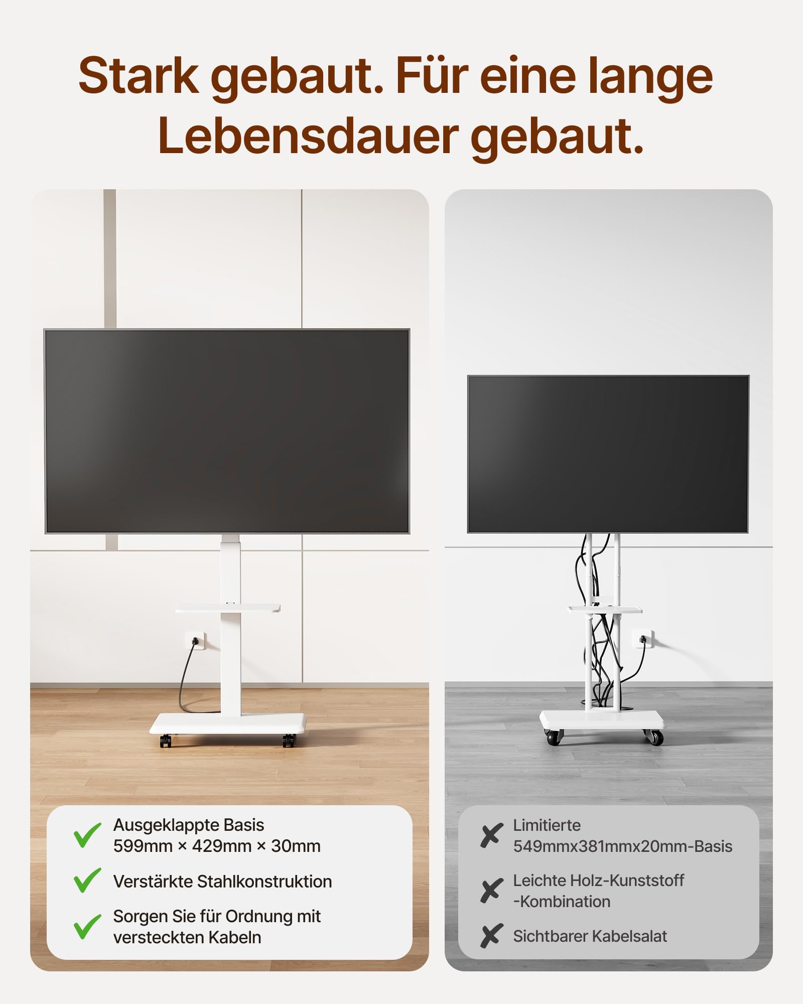 TV Ständer Rollbar für 37-75 Zoll bis zu 50kg, Max VESA 600x400mm | TV Standfüße mit Steckdose, Versteckter Kabelverwaltung, Höhenverstellbar, Schwenkbar, Neigbar, 2-Fache Tragkraft, Weiß