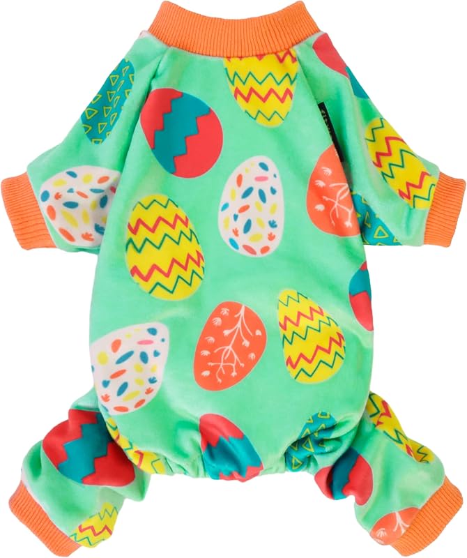 Pijama de Páscoa para Cães e Gatos Pequenos Fitwarm com Estampa de Ovos, Veludo Leve Verde-Claro e Laranja, XXL