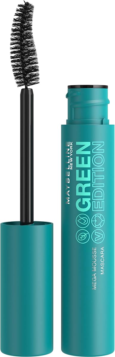 Maybelline Green Edition Mega Mousse Mascara Maquillaje, volumen suave y ligero, formulado con manteca de karité, negro pardusco, 1 unidad