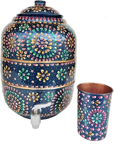 Miniatura 5 de Rastogi Handicrafts Pote de almacenamiento de agua martillado de cobre puro 6,5 litros de capacidad lateral exterior a prueba de agua pintado a mano