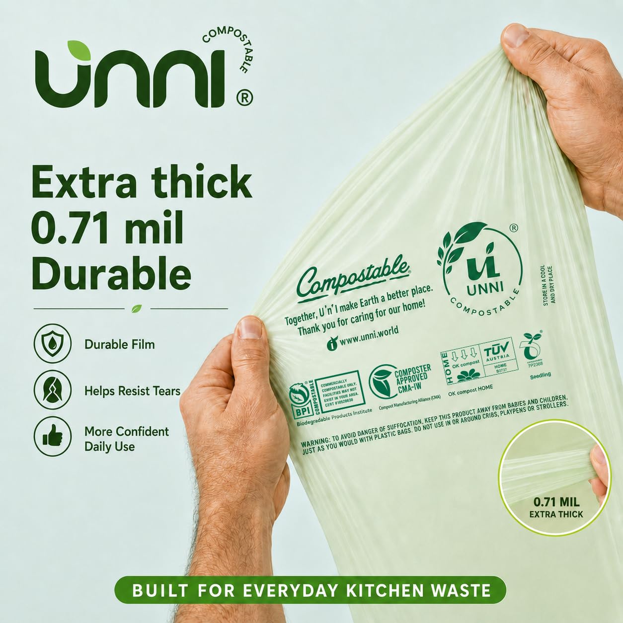 UNNI ASTM D6400 100% compostables Bolsas de Basura, 4 galones, 15 litros, 100 Unidades, Extra Gruesa de 0,75 milésimas de Pulgada, los Estados Unidos y Europa BPI Ok Compost Home Certificados