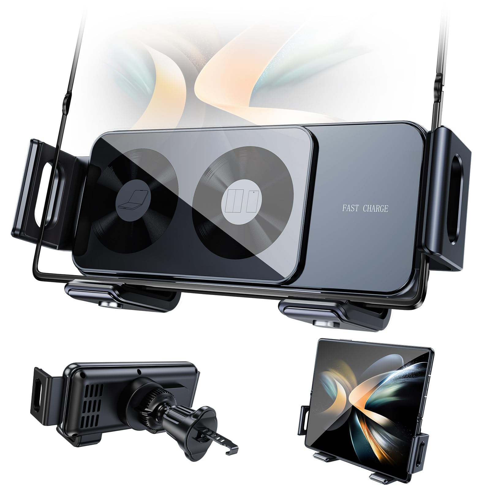 Caricabatteria da auto senza fili con sensore rapido, doppia bobina, supporto per telefono girevole automatico per Samsung Galaxy Z Fold 5/Z Fold 4/3/2 Oppo Find N2