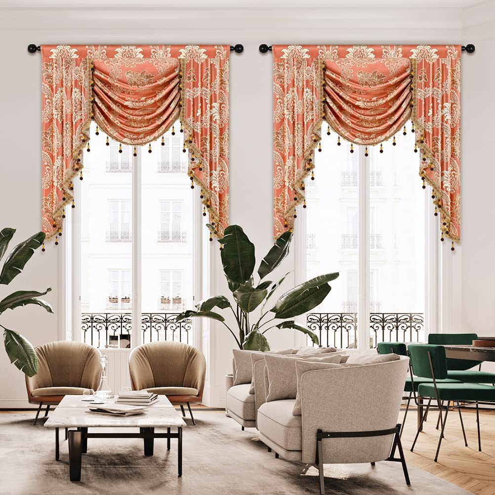ELKCA Golden Jacquard Single Swag Waterfall Valance for Living Room Damask Coffee Curtain Valance for Kitchen W39 Inch 1 Panel product thumbnail 8