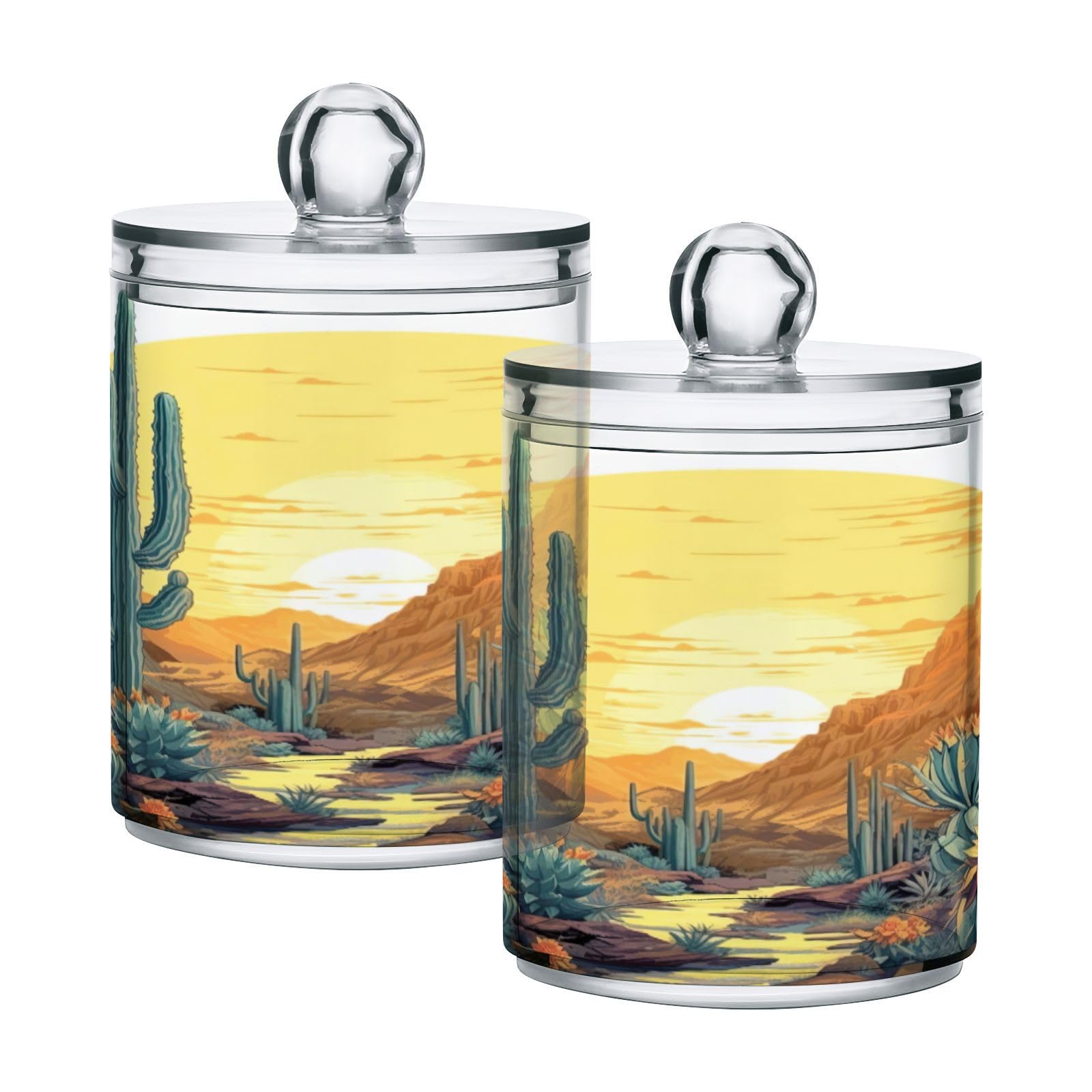 Msyxl 2 Pack Cactus Plants Apothecary Jars with Lid, Qtip Holder Storage Containers for Cotton Ball, Swabs, Pads, Clear Plastic Canisters for Bathroom Vanity Organization (10 Oz)