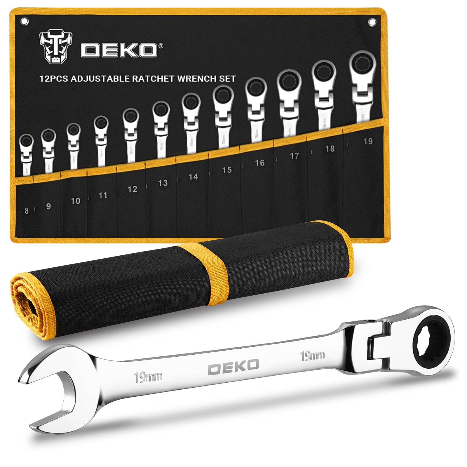 DEKOPRO Set Chiavi a Cricchetto 12 Pezzi, Metrico 8-19mm, Chiavi Inglesi Combinate con Testa Rotante 180°, Attrezzi da Lavoro in Acciaio al Cromo Vanadio per Auto, Bici, Fai da Te