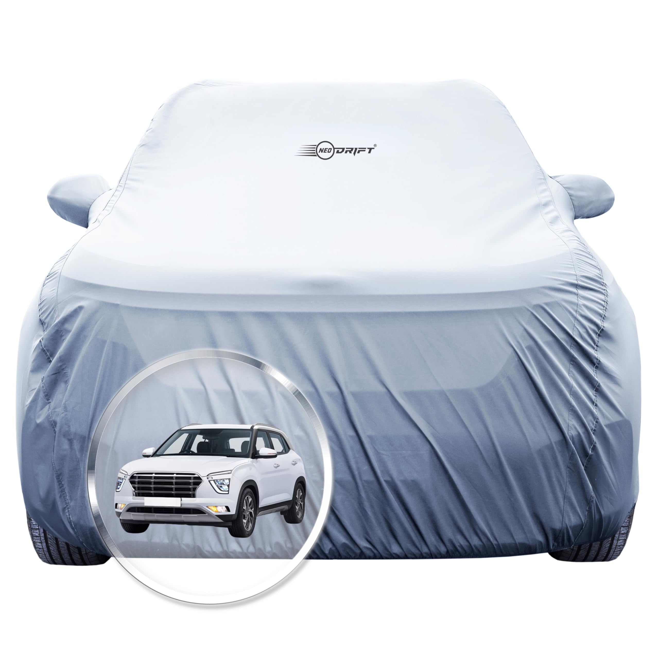 NEODRIFT 'SilverTech' Car Cover for Hyundai Creta (Dolphin Antenna) (100% Water-Resistant, All Weather Protection, Tailored Fit, Precision-Fit & Breathable Fabric) (Colour: Silver)