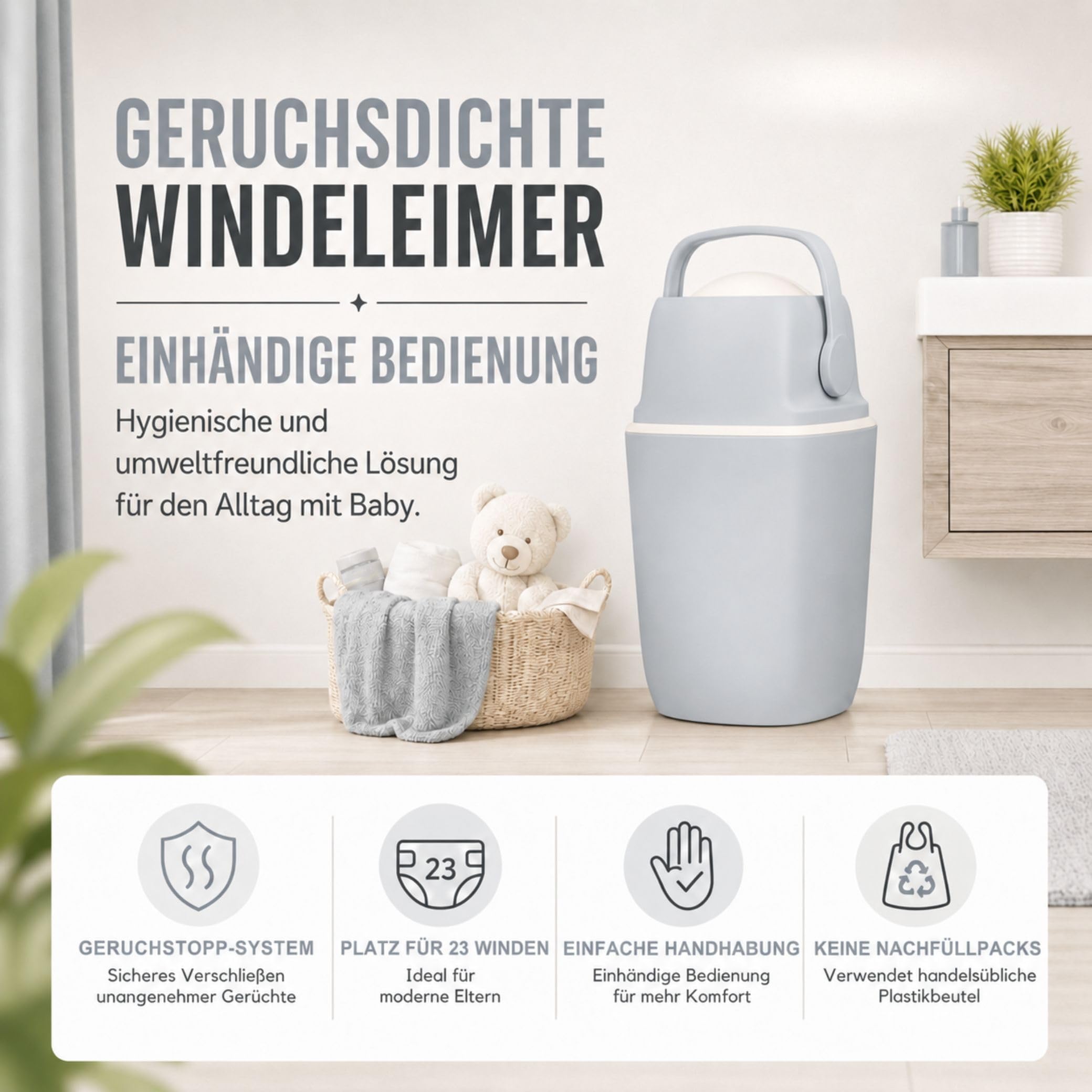 AirWell Windeleimer Geruchsdicht & Windel Blaubaer - Wickeleimer, mit Geruchsstopp-System, Einhändige Bedienung, Windeleimer Windelmülleimer, 23 Windeln Fassungsvermögen, Mülleimer Badezimmer