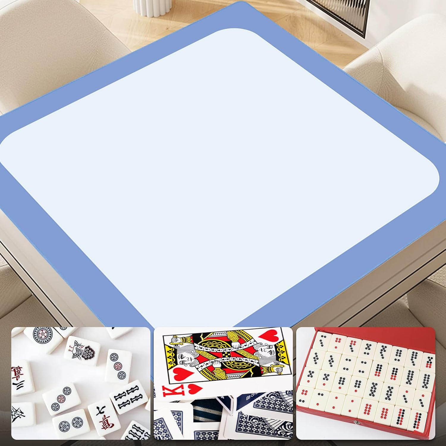 32.5 Inch Mahjong Mat for Table, 3MM Non-Slip & Noise Reduction Gaming Mat with Drawstring Bag, Perfect for Poker, Board Games, Card Games, Tile Games, and Dominoes (Salvia Blue-Light Steel Blue)