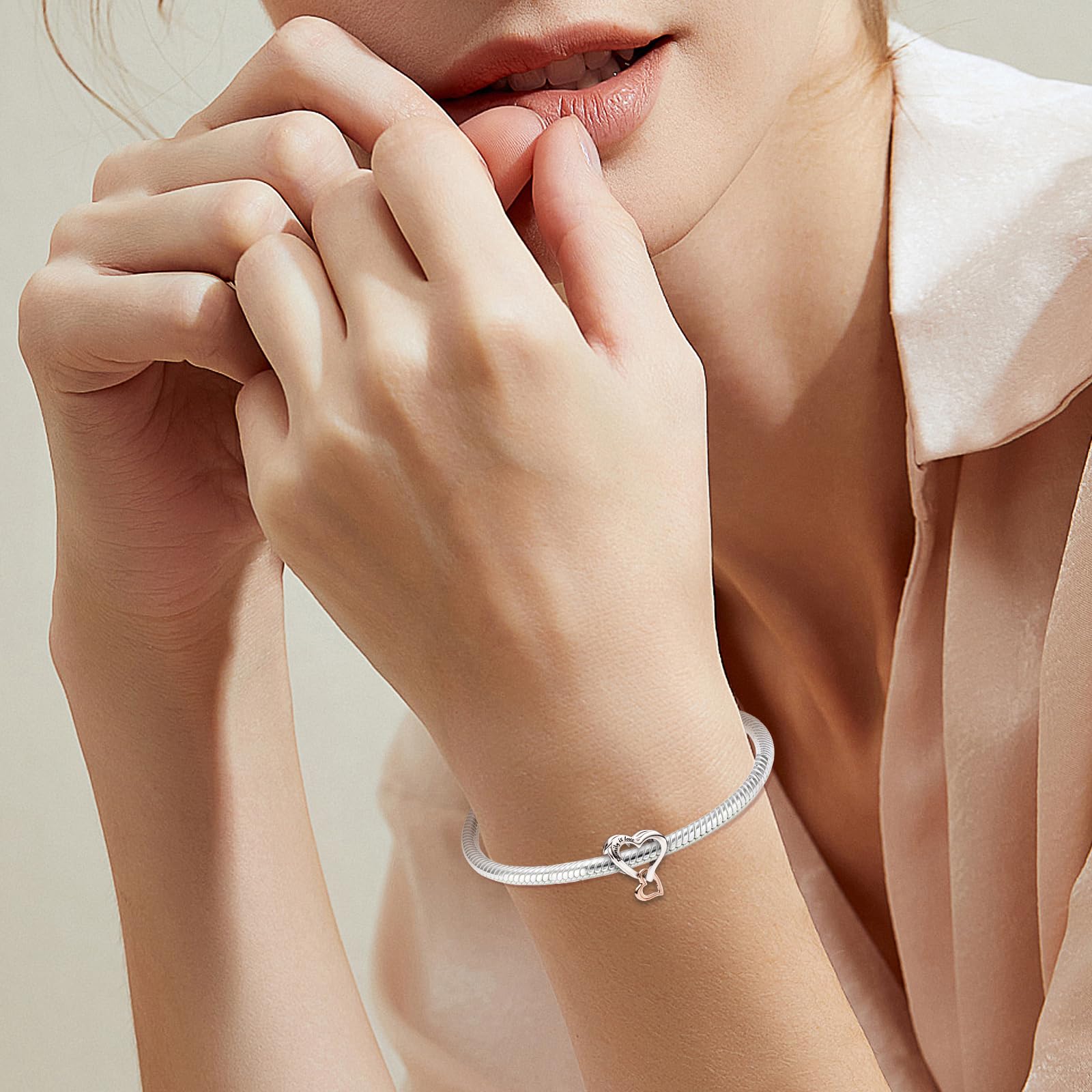 Annmors Love Heart Charm Donna argento Ciondolo a forma di, in argento Sterling 925, compatibile con braccialetti e collane europei