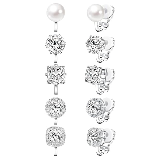 Cubic Zirconia Clip on Earrings - Women Hypoallergenic Comfortable Non Pierced Stud Earrings for Wedding and Dance Competitions, Clip-on Earrings Silver Gold