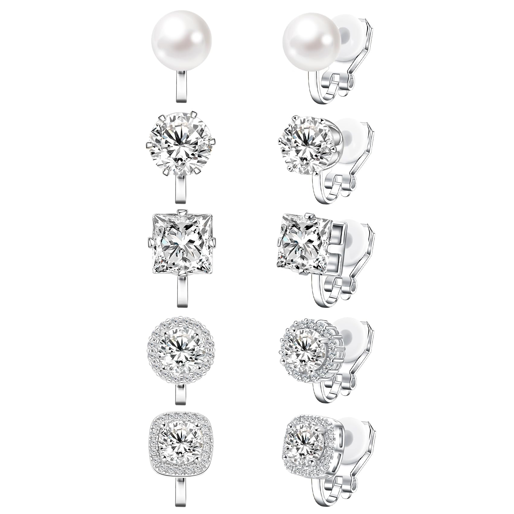 Cubic Zirconia Clip on Earrings - Women Hypoallergenic Comfortable Non Pierced Stud Earrings for Wedding and Dance Competitions, Clip-on Earrings Silver Gold