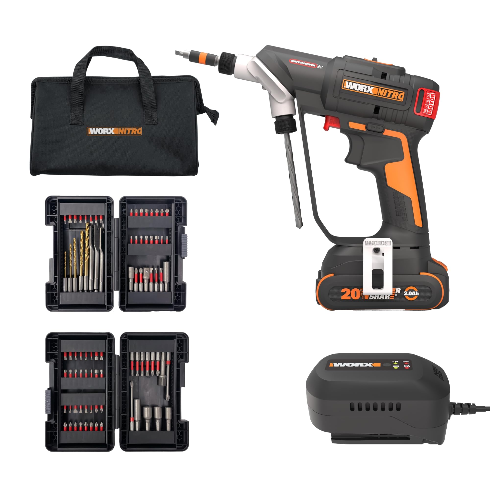 WORX Cordless Drill Driver, 20V 445 in·lb Brushless Power Drill Driver, Powerful Drilling and Driving, 2-in-1 Design, Intelligent Digital Display, 85 Bits, Battery and Charger Included, PowerShare