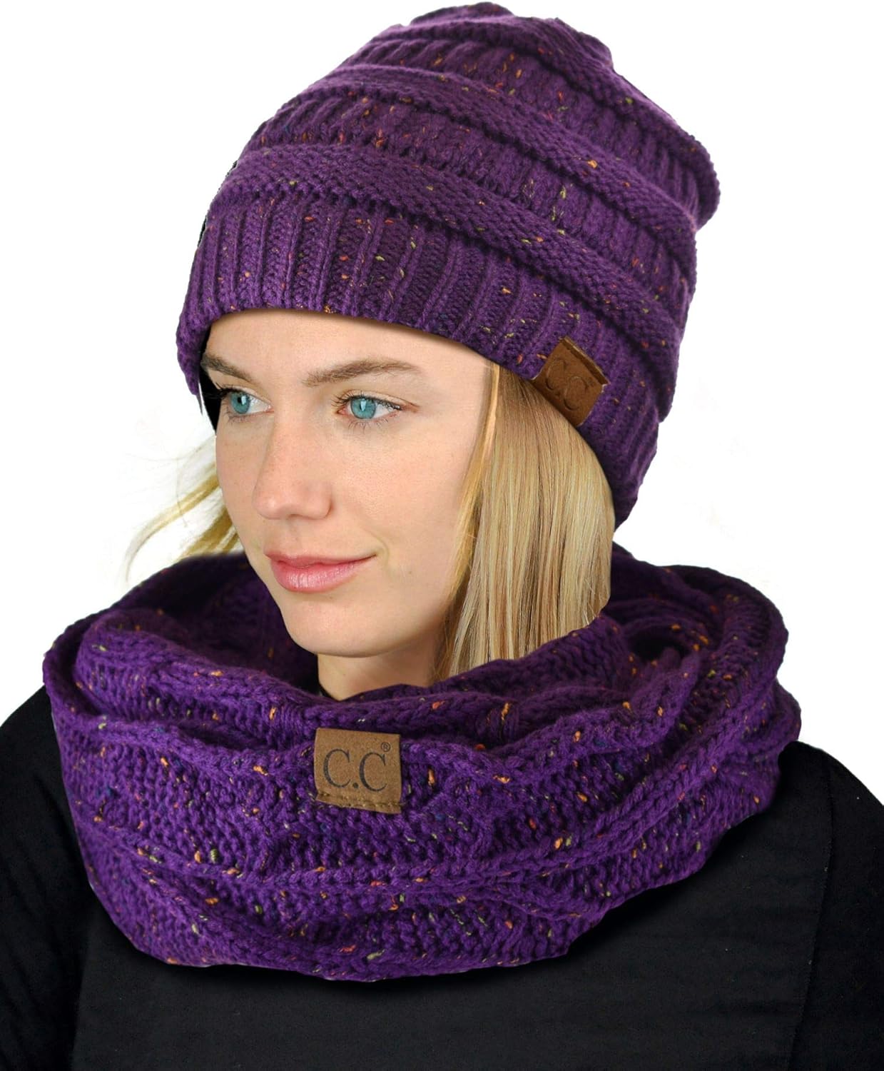 C.C Soft Stretch Colorful Confetti Cable Knit Beanie and Infinity Loop Scarf Set