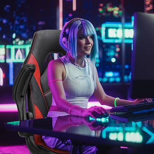 Miniatura 8 de Sweetcrispy Silla de juegos  Silla de computadora de piel sintética ergonómica con soporte lumbar, sillas de escritorio con ruedas ajustables en