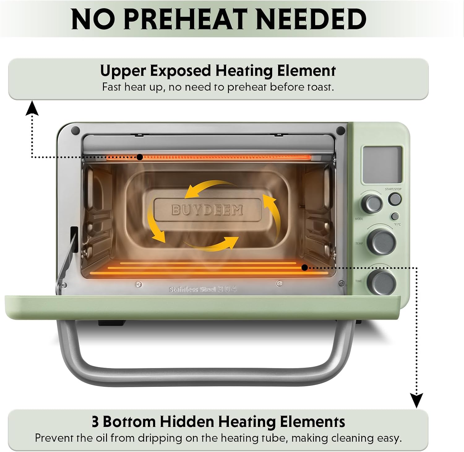 BUYDEEM T103 Countertop Toaster Oven 12QT, No Pre-Heat Needed, 7 Cooking Modes, Retro Mini Toaster Oven with Grill Rack and Baking Tray, Cozy Greenish