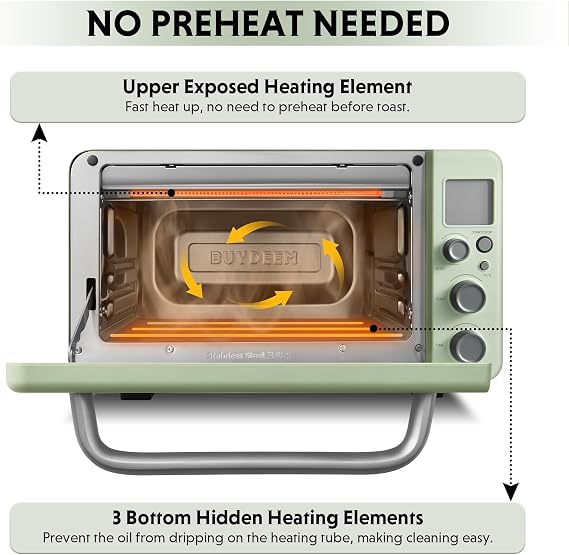 BUYDEEM T103 Countertop Toaster Oven 12QT, No Pre-Heat Needed, 7 Cooking Modes, Retro Mini Toaster Oven with Grill Rack and Baking Tray, Cozy Greenish