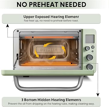 BUYDEEM T103 Countertop Toaster Oven 12QT, No Pre-Heat Needed, 7 Cooking Modes, Retro Mini Toaster Oven with Grill Rack and Baking Tray, Cozy Greenish