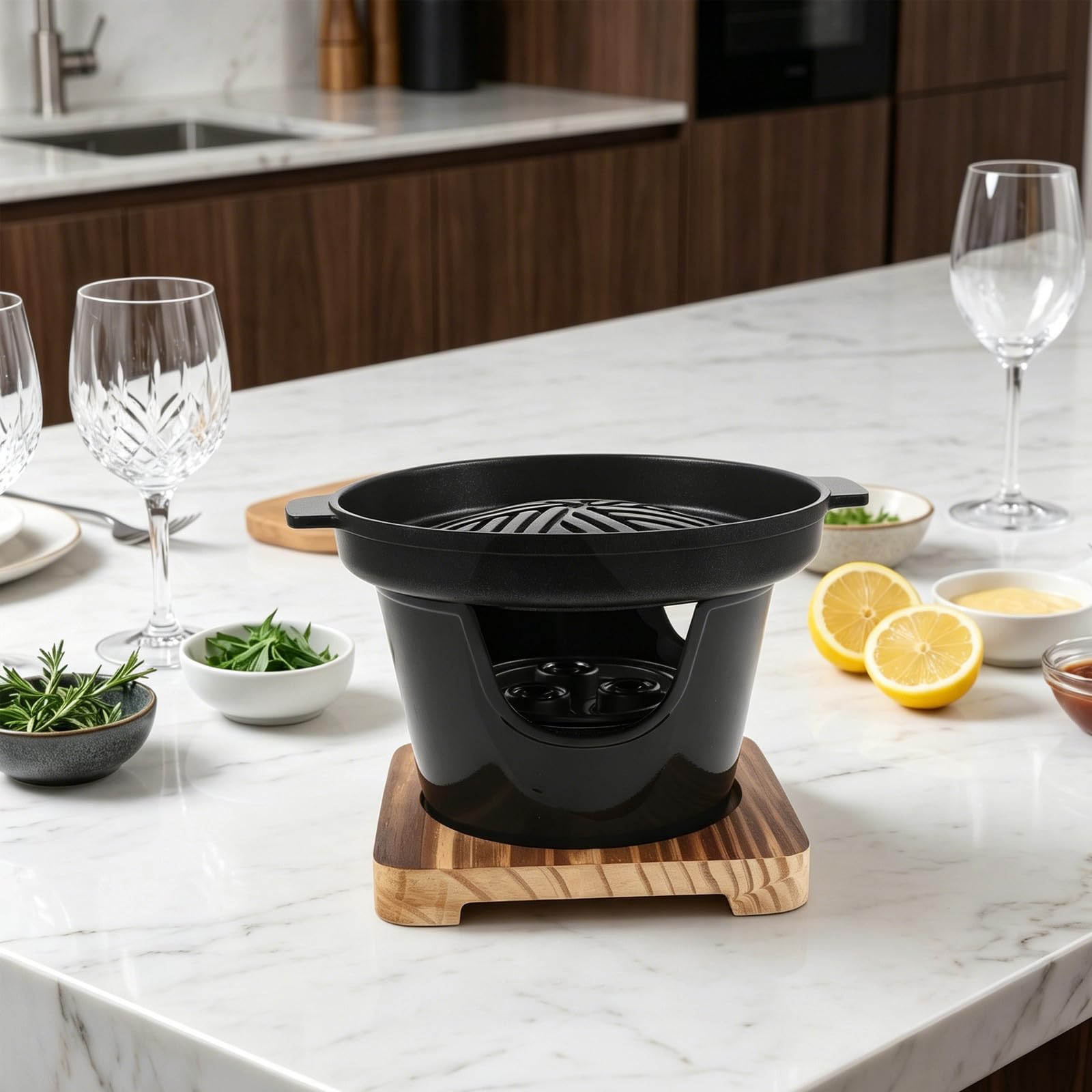 Griglia a Carbone Giapponese Rotonda Portatile Nera 19, 5cm | Lega di Alluminio e Base in Legno, Rivestimento Antiaderente, Fondo Ispessito e Maniglia Antiscottatura