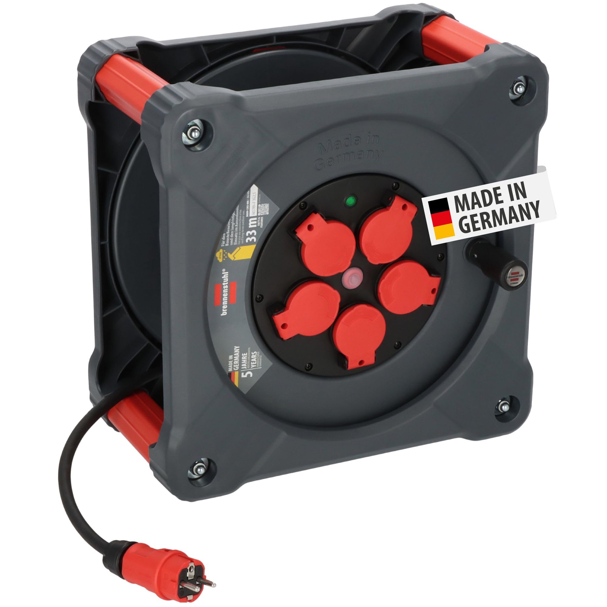 Brennenstuhl Avvolgicavo professionale per cantiere, KA 3200 5 IP44 (33 m cavo H07RN-F 3G2,5 in nero, 5 prese di sicurezza, uso in cantiere e uso esterno permanente, Made in Germany)