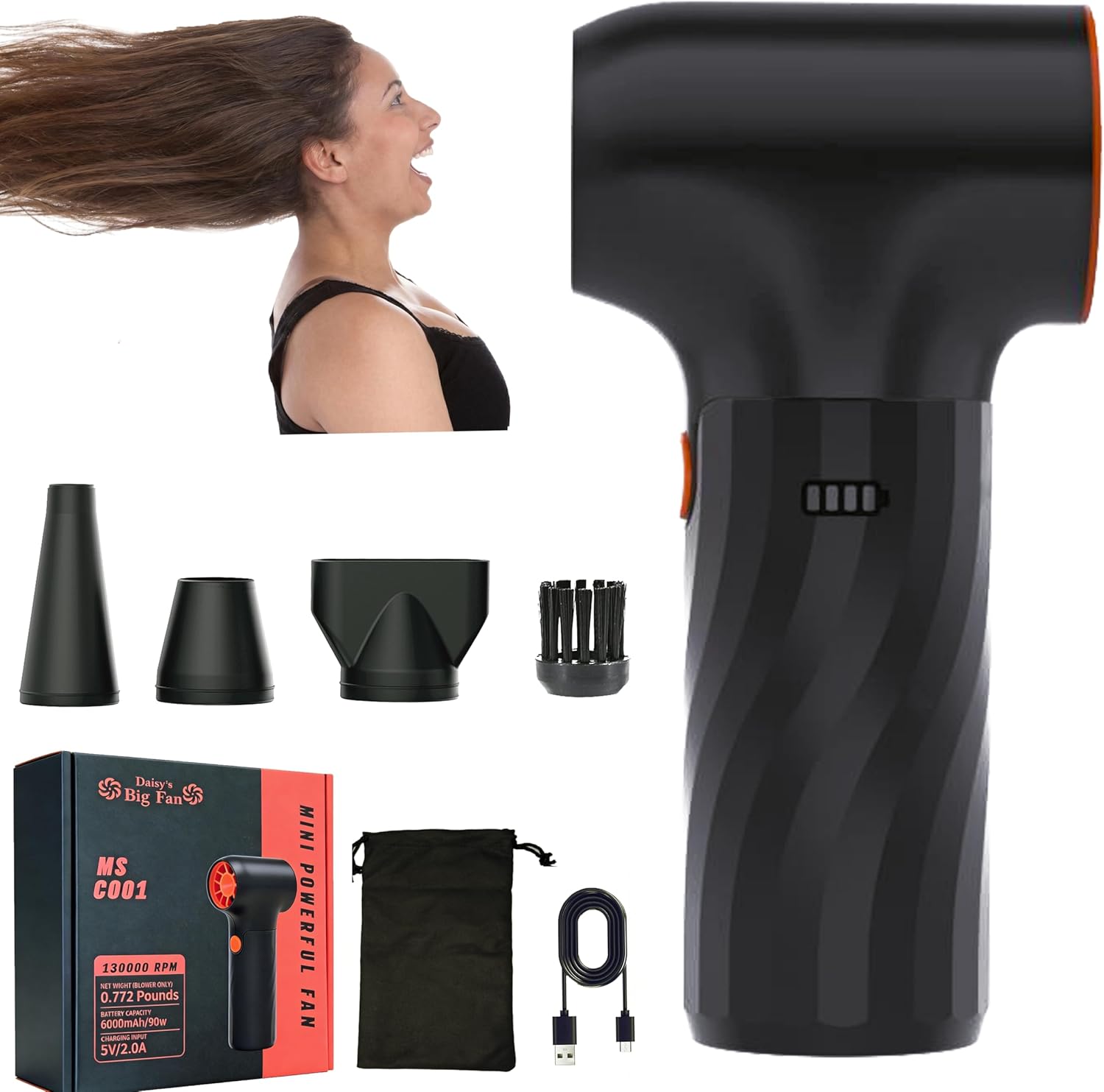 Multifunctional Compressed Air Blower Duster-130000RPM Power Electric Duster, 3-Gear Adjustable Mini Blower with Fast Charging, for Computer, Keyboard, House, Outdoor and Car (Black with Orange)