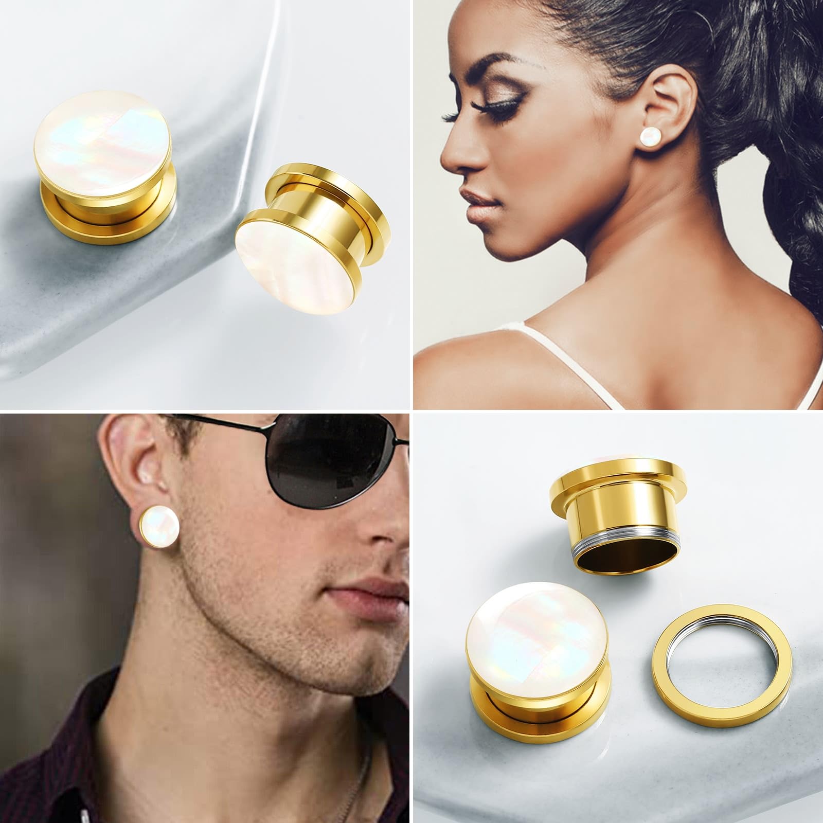 Wycian Tunele z perłą, złote, 12 mm, do wkręcania, ze stali nierdzewnej, z masy perłowej, pozłacane, stal chirurgiczna 316L, zestaw 2 szt. do wkręcania, spirala dla kobiet