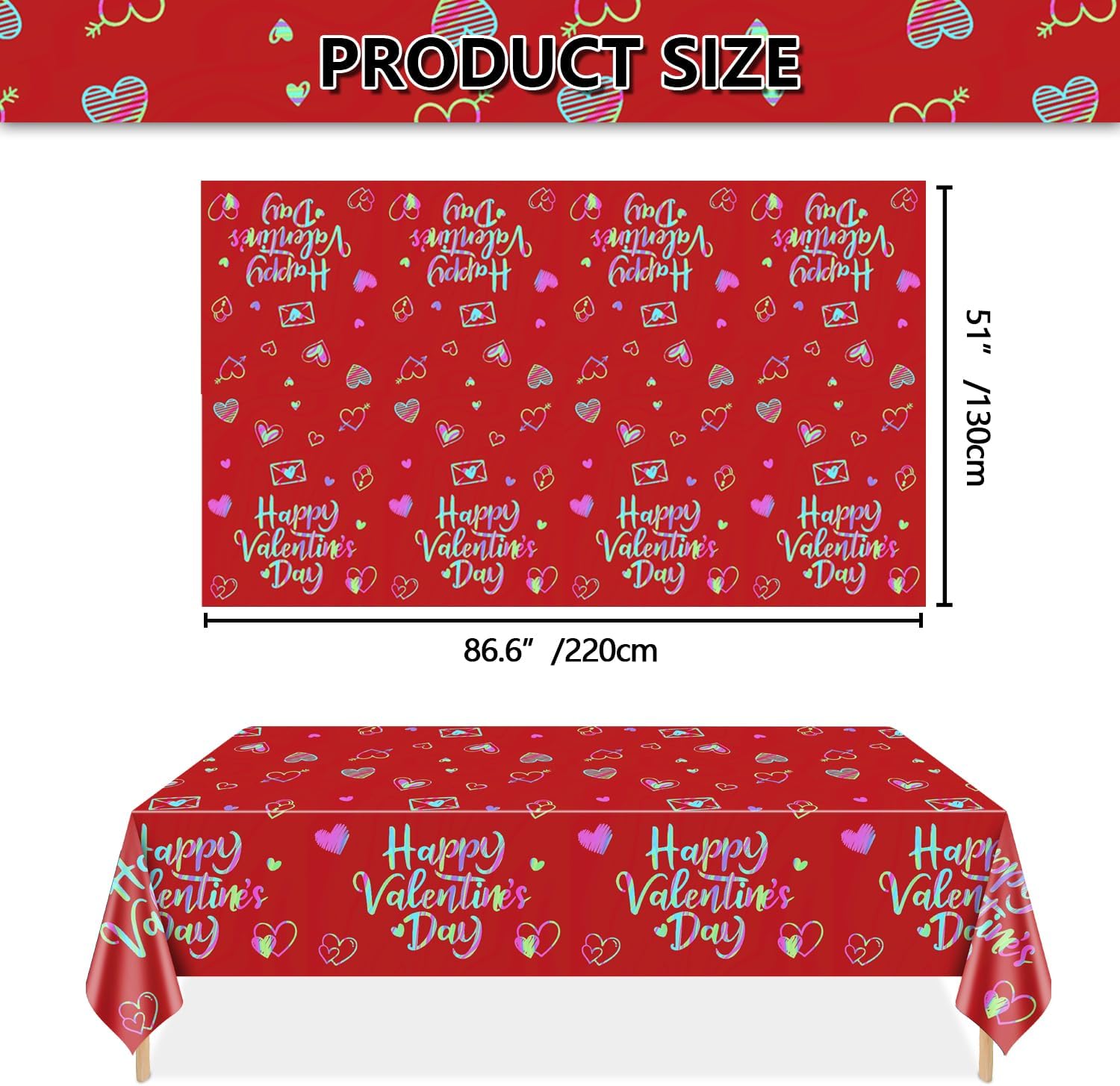 2 Pack Happy Valentine’s Day tablecloths, 51x87'' Plastic Rectangle Red Valentine Love Heart Iridescent Table Cover for Valentine's Day Party Decorations Anniversary Proposal Engagement Weddings Decor