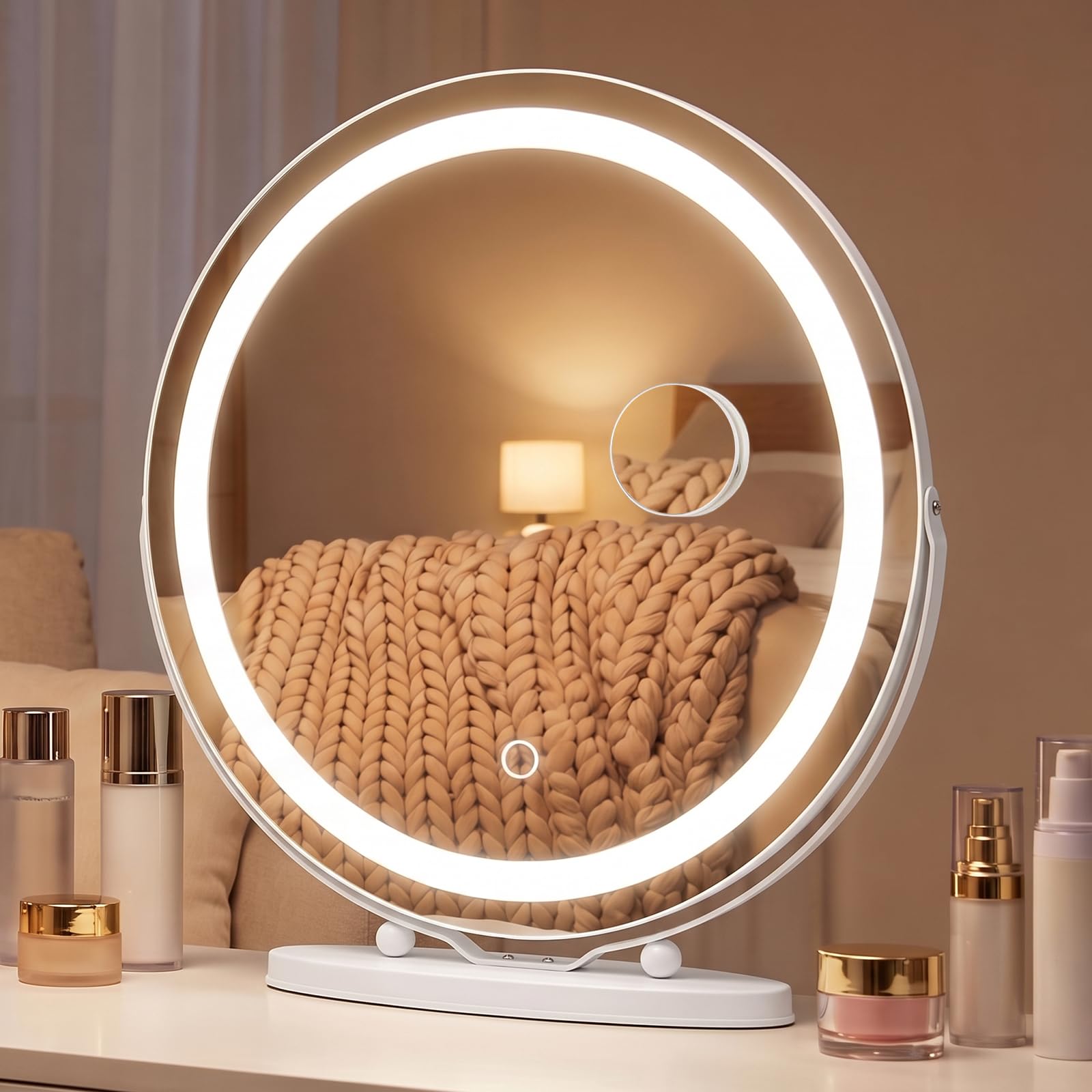 Miroir de courtoisie Hollywood avec lumières,Miroir de Maquillage Rond à Del de 48 cm avec 3 Modes d'éclairage, grossissement x10,contrôle Tactile,lumière à intensité Variable,Blanc