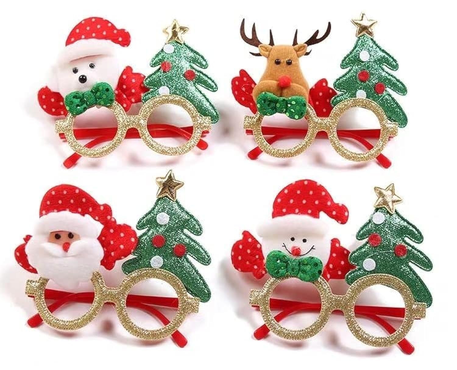 VOL Vange 4 Pack Christmas Costume Glasses Frames Christmas Glitter Party Glasses Ornaments Santa Snowman reindeer bear Glasses Creative Funny Eyewear for Christmas Party