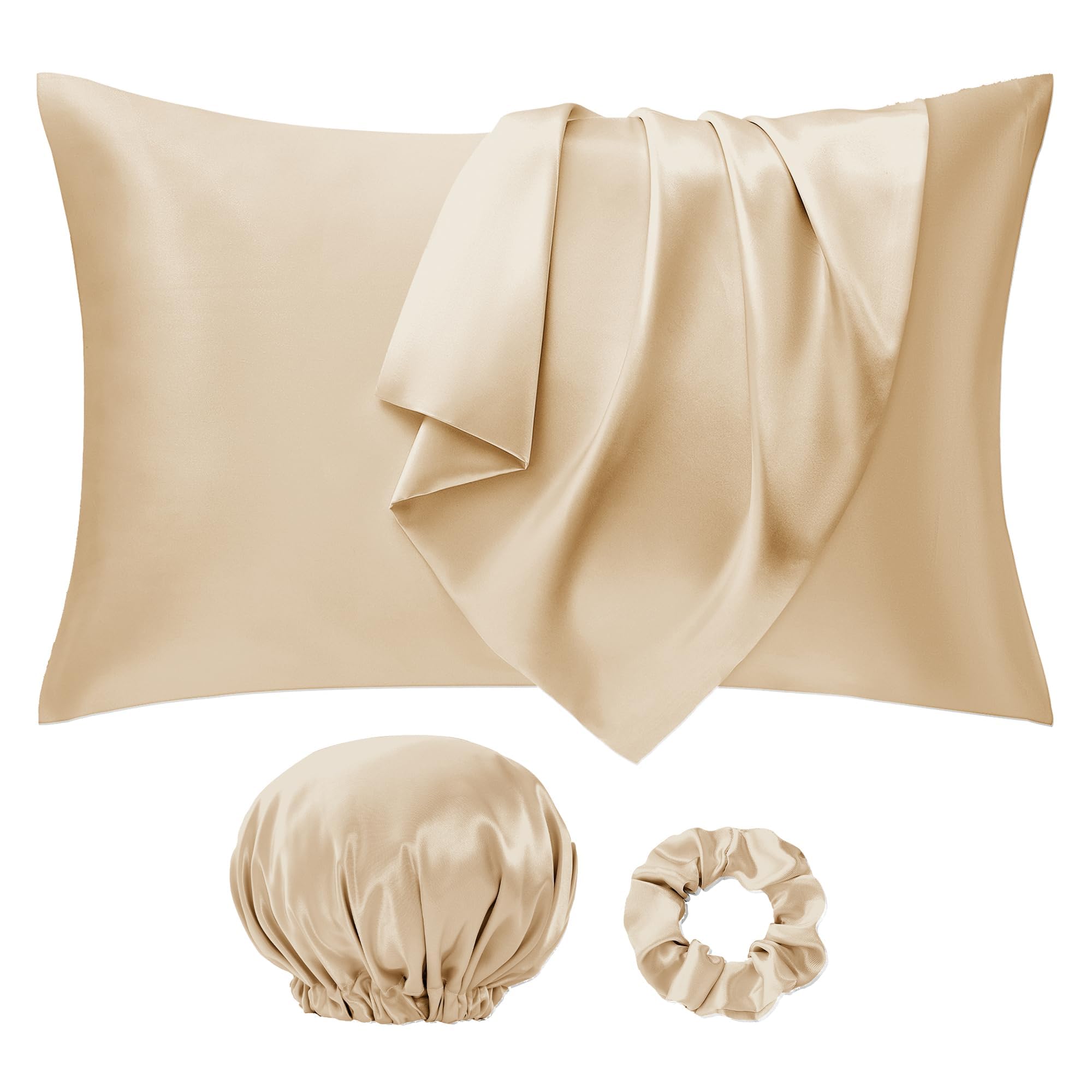 Seiwohl Silk Satin Pillowcase Soft as Silk Pillowcases for Hair and Skin Champagne Pillow Cases 2 Pack with Satin Scrunchies and Bonnet for sleeping Cooling Pillow cases Envelope Closure