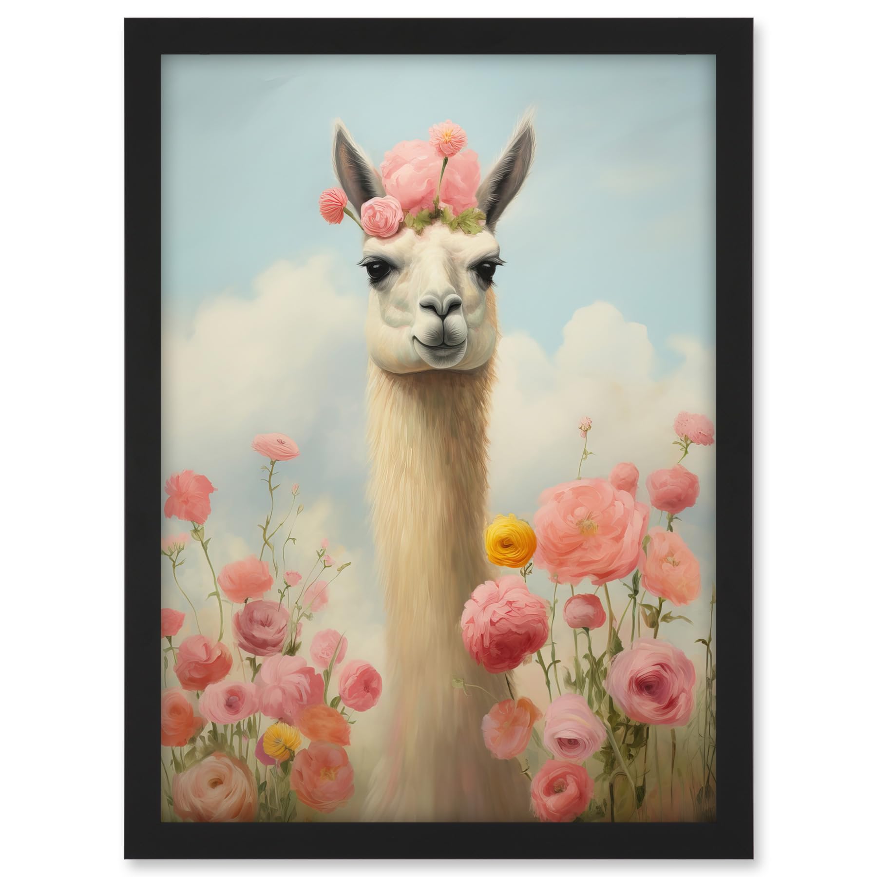 Artery8 Llama and Peonies Pink Elegant Artwork Kids Bedroom Floral Portrait with Roses Artwork Framed A3 Wall Art Print
