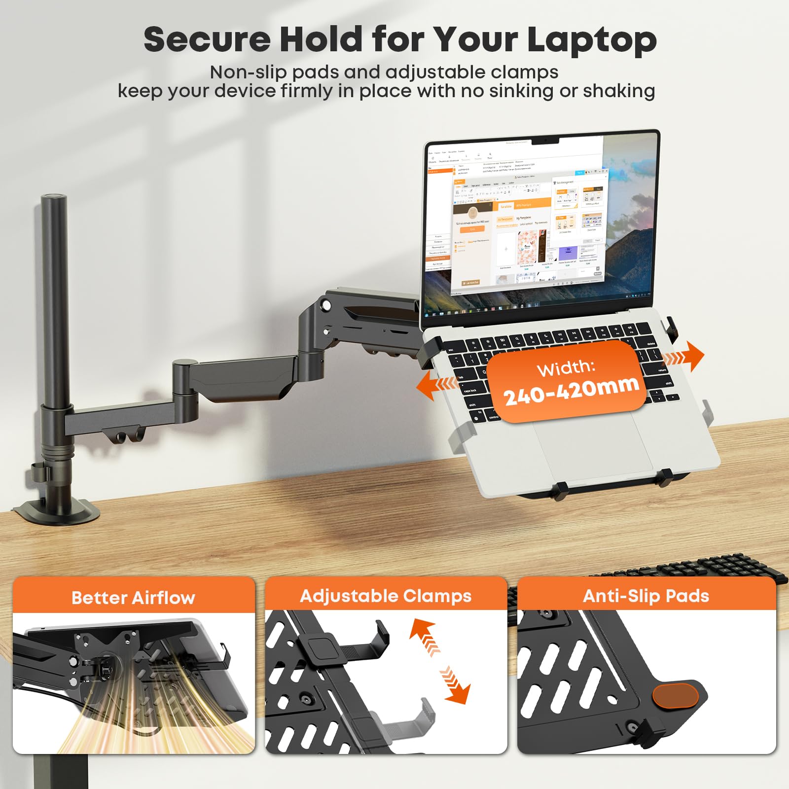 PUTORSEN Supporto a braccio per laptop fino a 18" e monitor da 17-32" | Portata massima 9 kg, supporto per monitor extra lungo con ripiano per laptop, sezione centrale rimovibile, VESA 75/100 mm